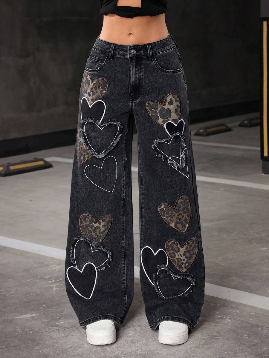 Jeanoix 女士低腰休闲牛仔裤，心形刺绣印花，直筒宽松版型，四季皆宜 - 深灰色 - 查看 1