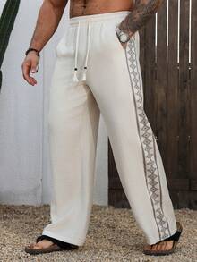 Manfinity RSRT Men's Vacation Drawstring Waist Geometric Print Wide Leg Pants - Khaki - View 1