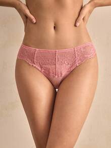 Charlaine 蕾丝网纱拼接轻薄浪漫法式优雅精致女士内裤 - 珊瑚粉 - 查看 3