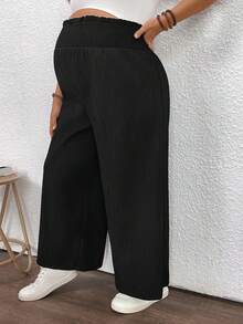 Plussiva Maternity Plus Size Solid Color Elastic Waist Casual Straight Loose Pants - Black - View 5