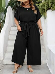 SHEIN CURVE+ Kích cỡ US22 (dành cho người có đường cong cơ thể) Bộ jumpsuit nữ phong cách Bohemia thanh lịch, cổ tròn, ôm sát, ống rộng, thích hợp cho lễ hội âm nhạc, kỳ nghỉ bên bờ biển. - màu đen - Xem 3