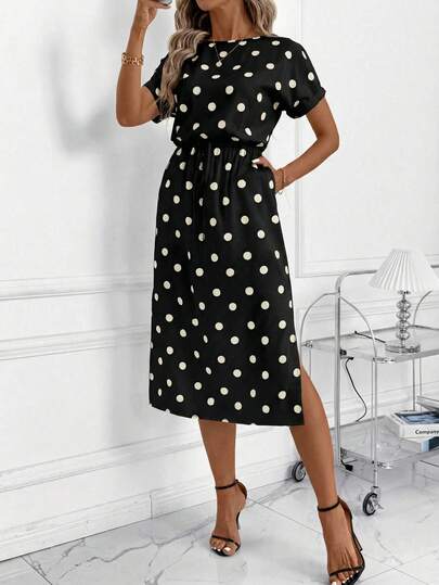 SHEIN Clasi Women's New Autumn Batwing Sleeve Polka Dot Dress, Black & White, Versatile For Daily Commute And Multiple Occasions