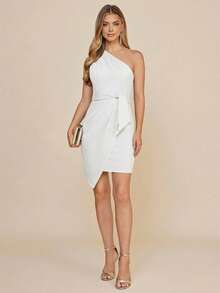 SHEIN Clasi 女士纯色打结腰身时尚约会派对迷你连衣裙 - 白色 - 查看 5