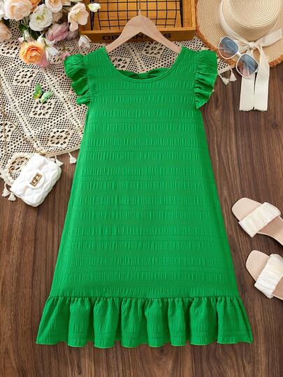 少女春夏度假海滩热带风情3D蝴蝶结圆领无袖荷叶边短袖甜美春装中长连衣裙