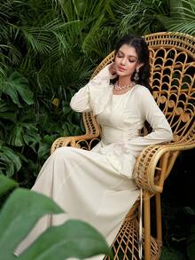 Al Najma Jacquard Patchwork Tie-Up Design Waist Cinched Round Neck Flare Sleeve Elegant Party Dress - Apricot - View 6