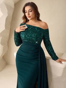 Coutiva 大码优雅亮片拼接不对称领正式晚礼服 - 墨綠色 - 查看 5