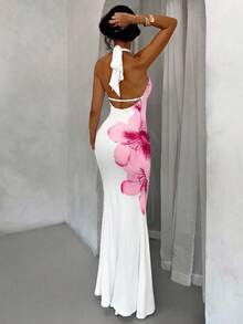 Glamine Elegant White And Pink Butterfly 3D Floral Draped Neck Open Back Maxi Bodycon Dress,Women's Summer Holiday Vacation Resort Wear Party Outfit - White - View 2