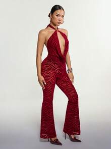 SHEIN ICON Women's Zebra Print Halter Neck Metal Linked Fashionable Date Outing Jumpsuit - Red - View 6