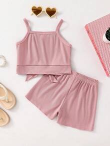 SHEIN 2pcs/Set Young Girl Light Pink Ribbed Knit Camisole And Shorts Set,Summer Matching Holiday Family Vacation Resort Wear Tweens Two Piece Outfits,Cute - Pink - View 2