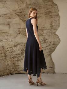 MOTF PREMIUM WOMEN'S SPRING/SUMMER NATURAL ASYMMETRIC A-LINE HOLLOW OUT EMBROIDERED MIDI DENIM DRESS - Navy Blue - View 3