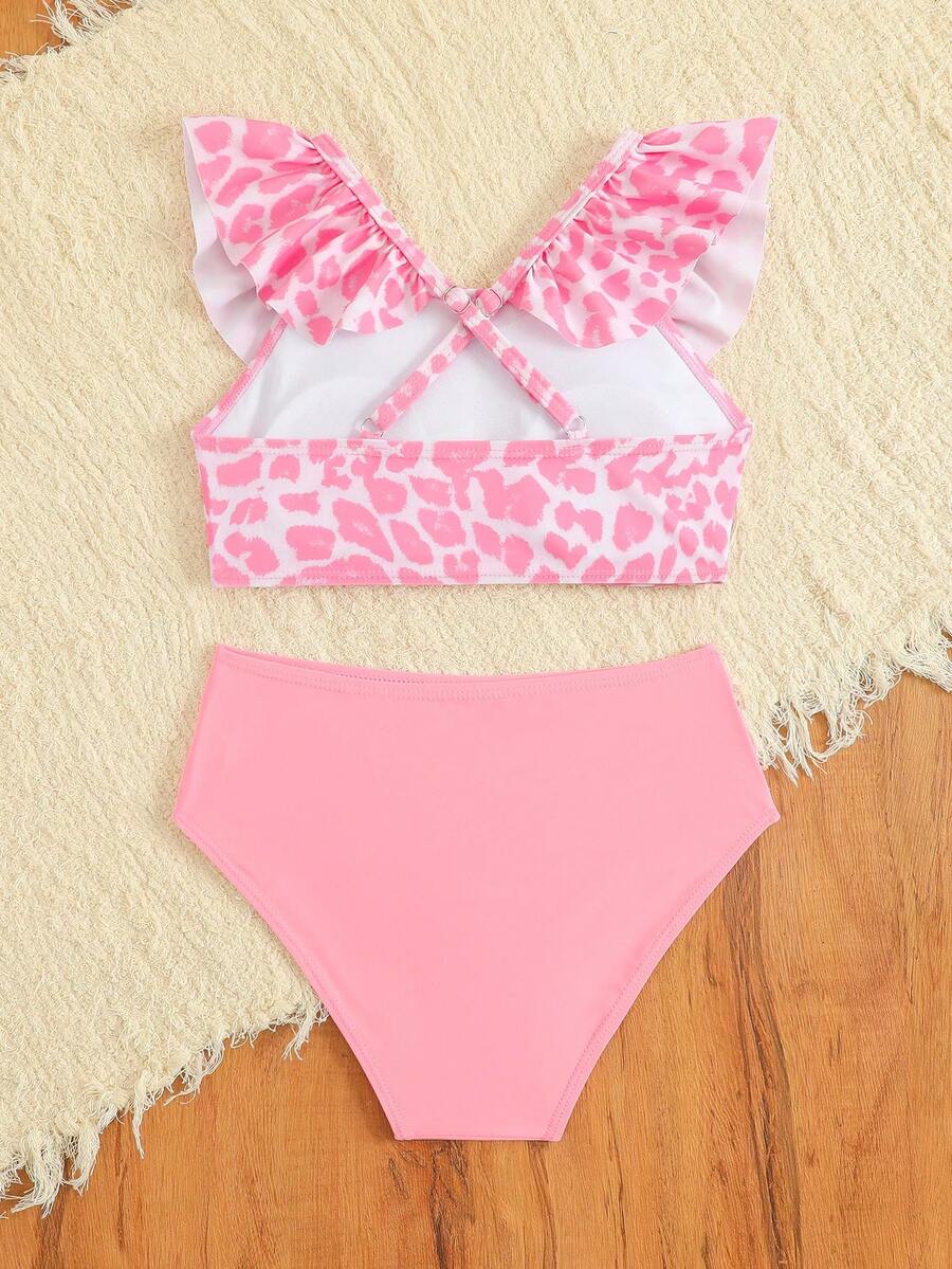 SHEIN Tween Girls Bikini Sets,Cute Pink Summer Beach Holiday Leopard Print Knit Lotus Edge Crossed Back Straps Two-Piece Camisole Top Triangle Swimwear - Pink - View 1