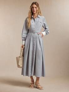 BizChic Striped Print Belted Asymmetric Pocket Long Sleeve Dress - Blue - View 4