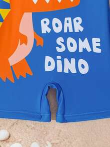Baby Boys Swimwear, Cute Casual Vacation Blue Dinosaur Knit Fabric One-Piece Swimsuit With Hat, Fashionable Elegant Suitable For Swimming, Summer Vacation, Beach, Pool, Holiday Party - Orange - View 5