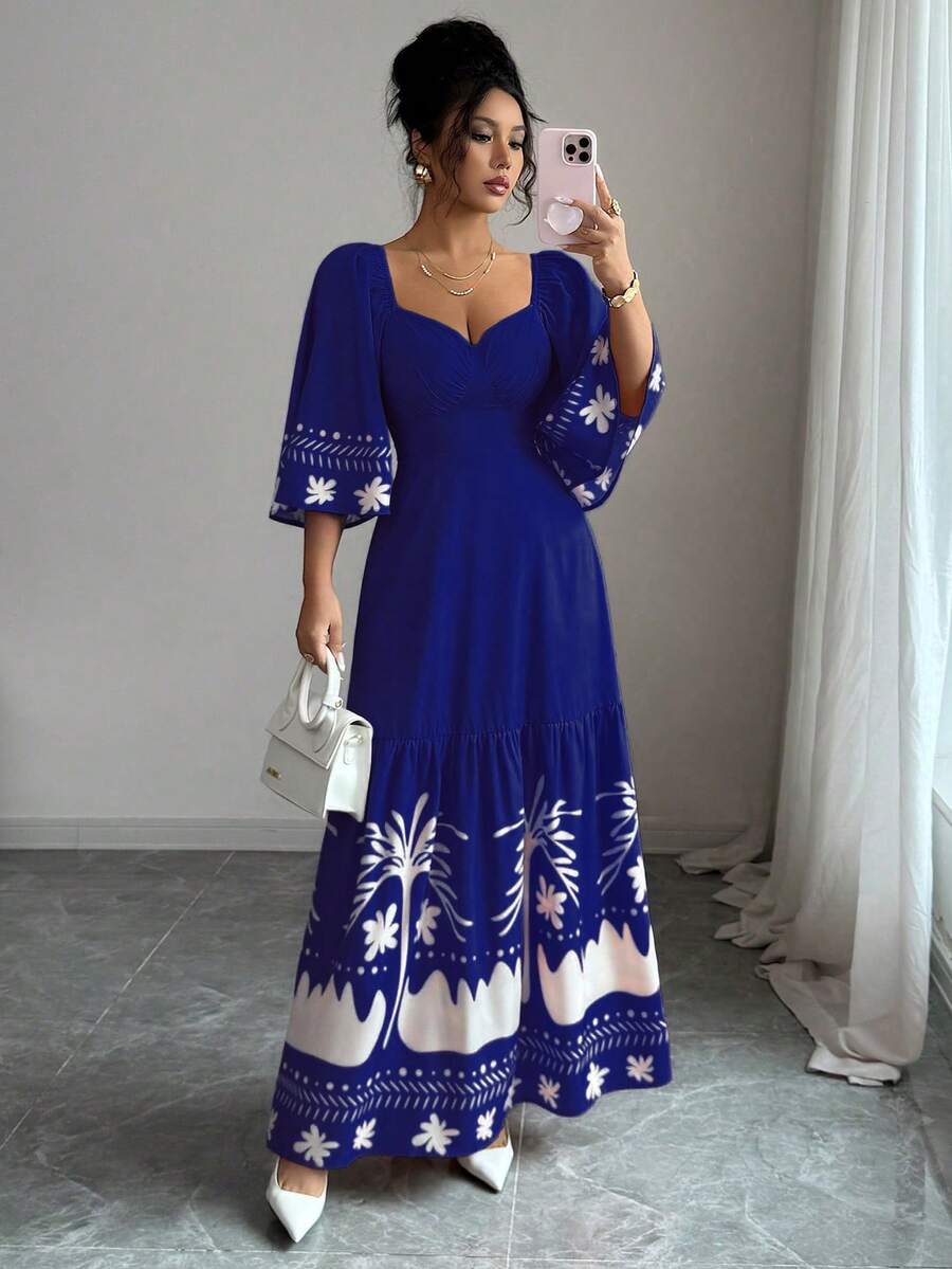 Mulvari Women's Vacation Ruffle Sleeve Fashionable Placement Print Dress - Blue - View 1