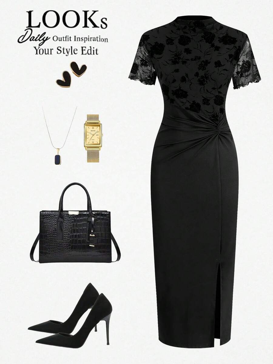 Ellevyn Twist Rose Flocked Bodycon Elegant Romantic Dress - Black - View 1