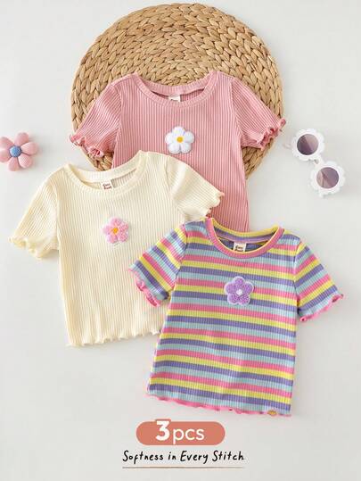 Cozy Pixies 3 pièces Ensemble de Top à col ras du cou à manches courtes en tricot doux avec imprimé floral pour bébé fille