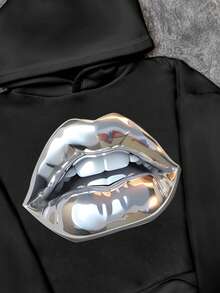 Manfinity ZONE917 Áo sweatshirt nam dáng rộng, in hình môi kim loại, màu đen, kiểu dáng oversized, vai rớt. - màu đen - Xem 2