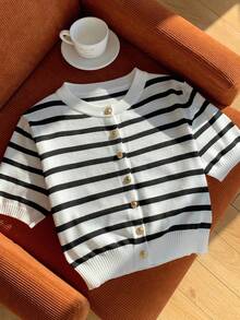 SHEIN EZwear Áo len ngắn tay kẻ sọc đen trắng dành cho nữ - Đen và trắng - Xem 7