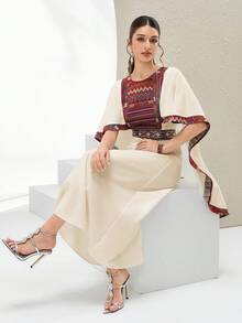 Al Najma Đầm dự tiệc kiểu Ả Rập thanh lịch, cổ tròn, phối màu, thiết kế áo choàng, thắt eo, dành cho nữ. - Màu Khaki - Xem 4