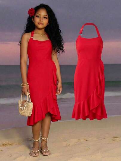 Sparklyn Tween Girls' Cute Ruffled Halter Party Dress, Casual Summer Dress With Ruffle Design, Suitable For Wedding, Birthday, Festival Occasions, Fashion & Comfortable For Little Tween Girls' Special Events Halter Neck Dress Dresses For Vacation