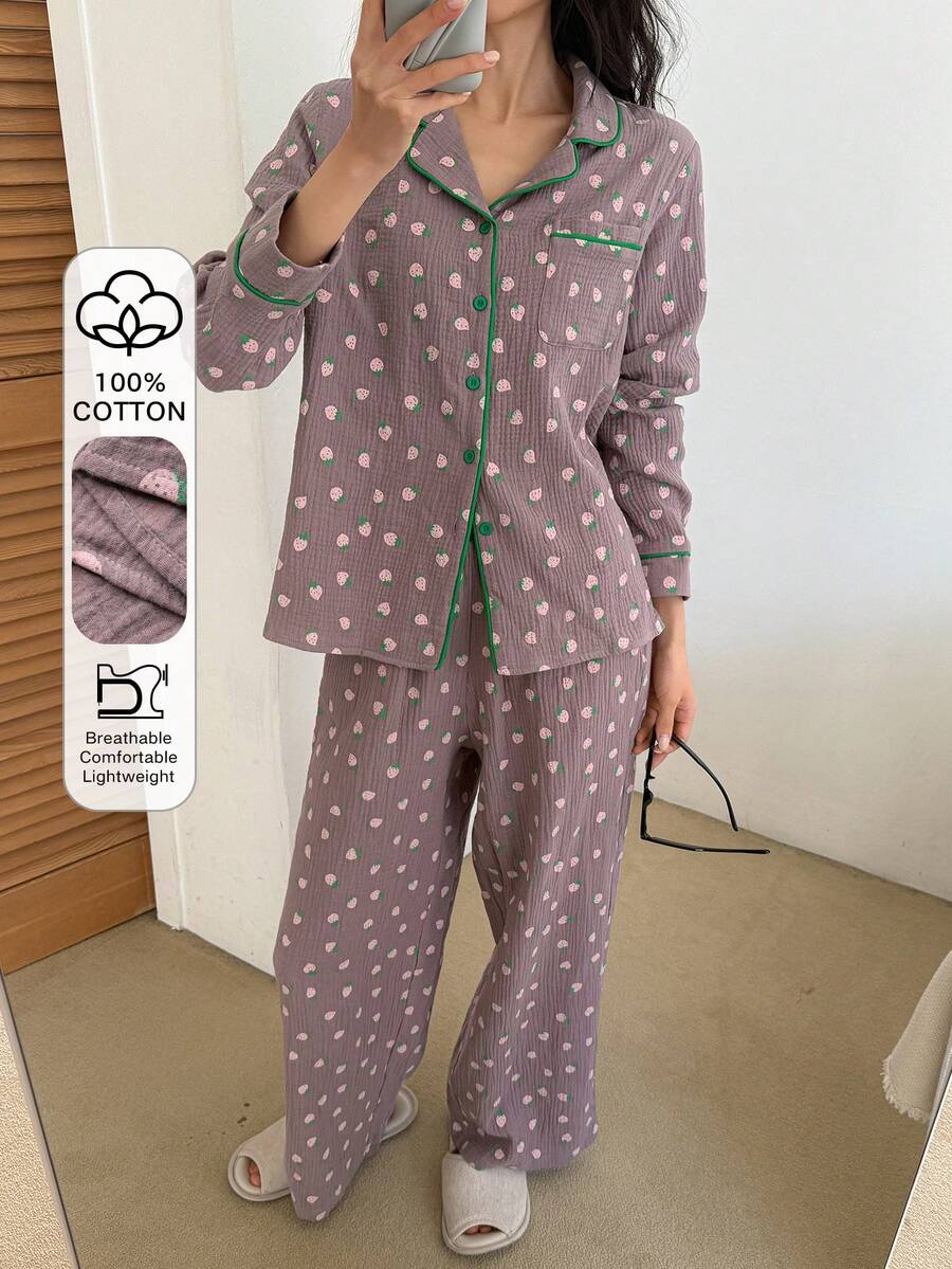 DAZY 两件套可爱草莓图案宽松开衫长袖睡衣套装，含长裤，春秋季女装 - 紫色 - 查看 1