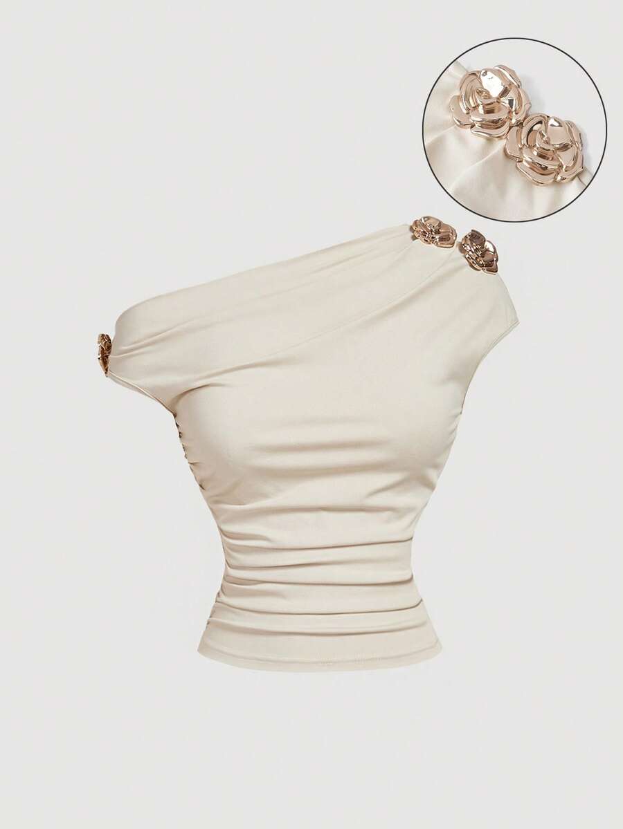 SHEIN MOD 女士纯色金属3D立体花卉装饰褶皱肩部时尚T恤，春夏款，优雅上衣，外出上衣，生日、嘉年华服装、派对、休闲女式T恤 - 杏色 - 查看 1