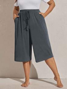 Comfylo 加大码女式夏季黑色丝滑超薄功能性针织罗纹面料亲肤顺滑不粘腻纯色休闲运动基础款短裤，带口袋，前抽绳松紧腰，高腰显瘦直筒宽松及膝短裤 - 霧霾藍 - 查看 3