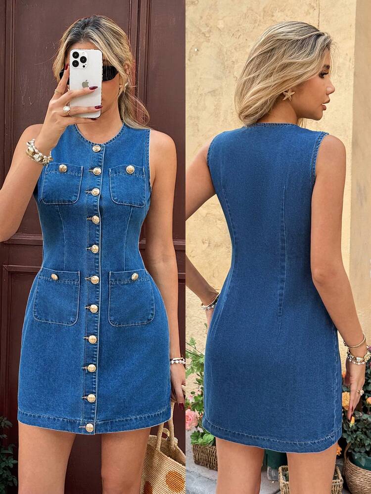 Serisse Vestido de mezclilla sin mangas de mujer de una sola hilera de botones - Azul - Añade 1