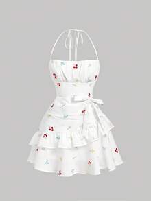 SHEIN MOD 女士夏季度假花卉刺绣褶皱胸部层叠荷叶边下摆系带露背迷你连衣裙 - 白色 - 查看 6