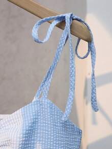 GlowEve 2pcs/Set Women's Summer Pleated Bust Bohemian Holiday Camisole And Shorts Set, Leisure Holiday Outfit - Blue and White - View 6