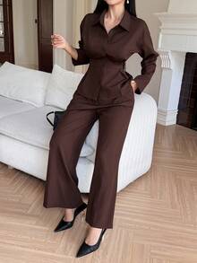 DAZY 2pcs Women Casual Collared Waist Top And Pants Set - Coffee Brown - View 6