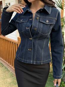 DAZY Women's Slim Fit Solid Color Denim Jacket, Suitable For Summer Vacation Y2k - Medium Wash - View 4