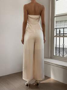 DAZY Damen eleganter einfarbiger ärmelloser Romper mit weitem Bein, Sommer Romper - Beige - Übersicht 2