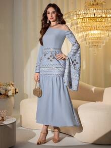 Modelyn Áo choàng Abaya truyền thống kiểu Trung Đông Ả Rập, vai lệch, đính cườm và thêu ghép mảnh màu xanh nhạt, kiểu dáng bất đối xứng. - Màu xanh lam - Xem 3