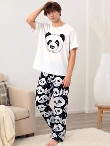 2pcs/Set Teenage Boys' Casual Cartoon Print Loose Fit Long Pants And Short Sleeve Loungewear Set - White - View 8