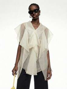 LYSMO 大码女式咖啡棕色荷叶边领纽扣前襟网纱拼接优雅波西米亚风衬衫 - 淡黃色 - 查看 6