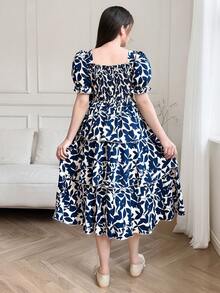 SHEIN Teen Girl Floral Print Layered Petal Sleeve Square Neck Casual Vacation Dress, Summer - Blue - View 2