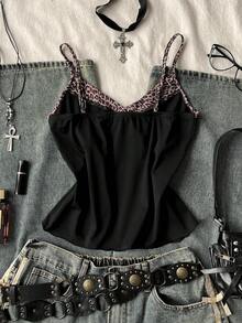 Attitoon 夏季女士豹纹拼接扭结设计休闲百搭约会之夜吊带背心，春季女装，复活节，外出上衣，黑色上衣，适合返校季，复古，性感，可爱，Y2K，椰子女孩，波西米亚，嬉皮，音乐节，派对 - 彩色 - 查看 2