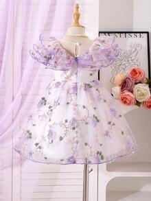 SHEIN 四季优雅礼服，少女婚礼花童礼服，刺绣薄纱派对公主裙，高端宴会表演服，女童公主裙，薰衣草色儿童连衣裙，儿童紫色碎花连衣裙，女童刺绣碎花连衣裙，女童派对连衣裙，紫色丁香色儿童连衣裙，花童连衣裙，公主裙，女童下午茶连衣裙，紫色碎花连衣裙 - 淡紫色 - 查看 2