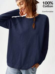 Bohemela 大码女式纯色圆领插肩袖休闲宽松T恤 - 藏蓝色 - 查看 9