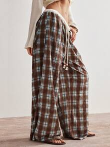 Bohemela Women's Casual Loose Fit Plaid Wide Leg Pants - Blue - View 5