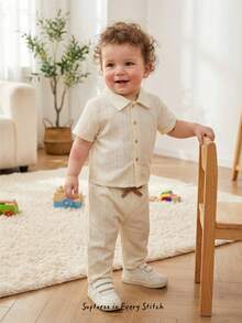 SHEIN 2pcs Baby Boy Vintage Textured Ribbed Polo Collar Shirt And Simple Long Pants Set, Suitable For Home And Outings - White - View 7