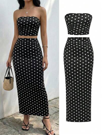 Teen Girl Vacation Knit Classic Black & White Polka Dot Pattern Fitted Cropped Tank Top & Low Waist Mermaid Hem Skirt 2 Pieces Set, With Scarf