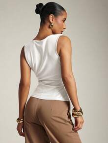 Hauture Women's Basic Casual Office Ruched Shoulder With Gold Decor Cowl Neck Top - White - View 2