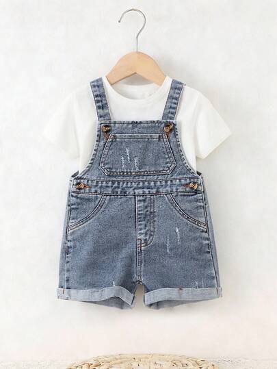 SHEIN Toddler Boys' Korean Style Casual Cute Versatile Blue Washed Denim Bib Pants (Pants Only)