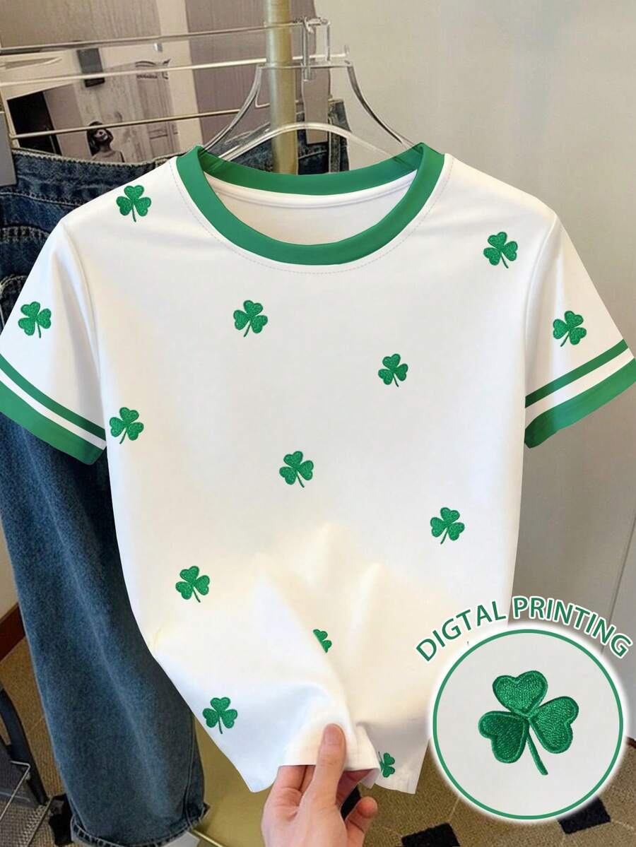 Resyla 女士绿色四叶草图案撞色印花简约圆领短袖T恤上衣，夏季时尚 - 彩色 - 查看 1