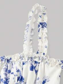 SHEIN MOD 女士复古印花荷叶边连衣裙，蓝白 - 藍白色 - 查看 7