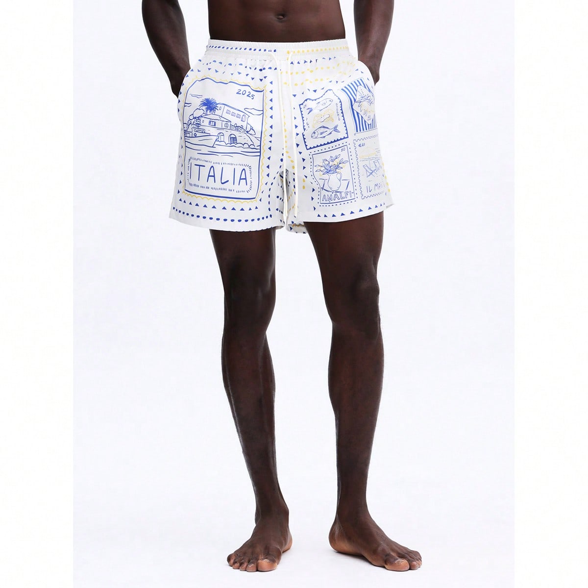 Shorts de playa para hombre con estampado de tarjeta postal de viaje a Italia, con gráficos de Amalfi Italia, shorts de baño de verano casuales para
