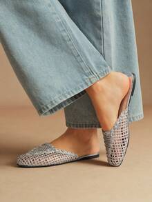 Rosivie Woven Hollow Breathable Closed Toe Semi-Slippers Women Wear New High-Grade Super-Fire Slippers In Summer. - Silver - View 8