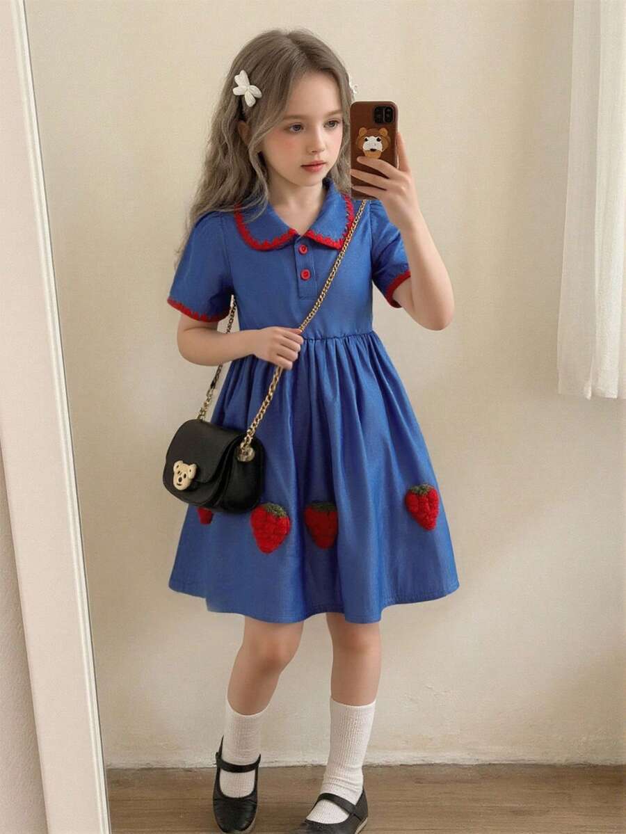 Elladie kids 女童纯色草莓刺绣领短袖A字连衣裙,松紧腰设计,夏季休闲日常穿着 - 藍色 - 查看 1